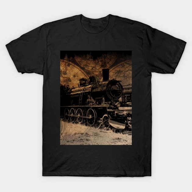 World Steam Travel - Steam Train and World Map T-Shirt by Highseller